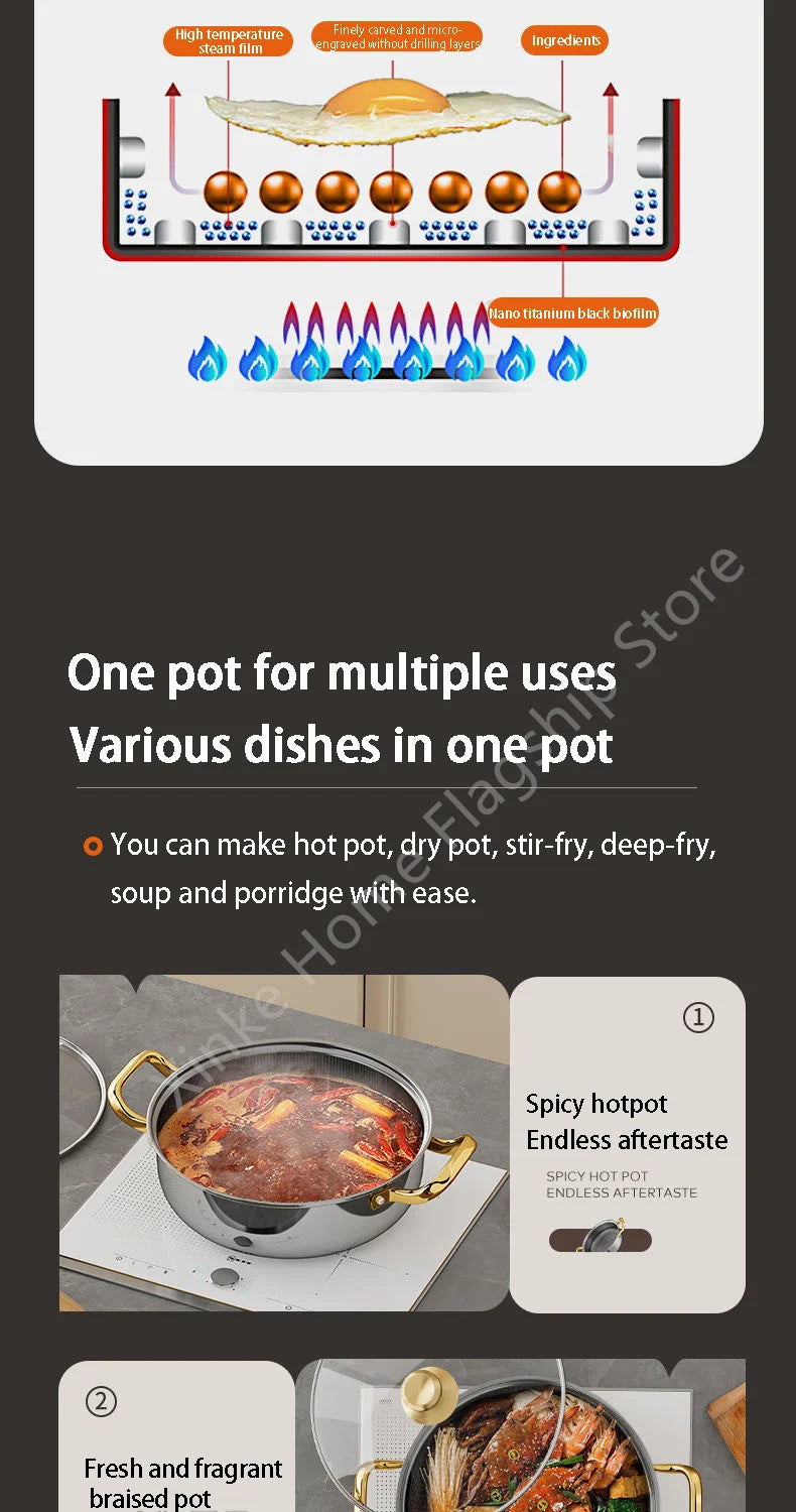 30cm Stainless Steel Frying Pan Honeycomb Non-stick Soup Pot wok with lid Home Induction Cooker Gas Stove Stew Kitchen Cookware