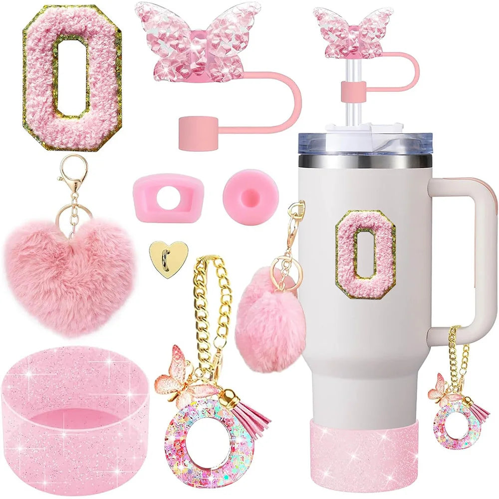 8pcs Cup Accessories for Stanley Cup 30oz 40oz Includes Butterfly Straw Cover Cap Silicone Boot Handle Charm Initials Sticker