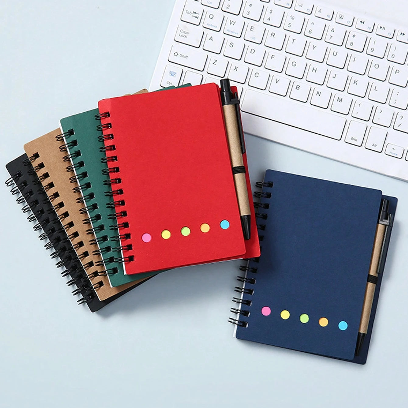 4pcs-set Spiral Notebook-Pocket Notepad with Pen Loop,Sticky Notes&Index Tabs,4.1x5.3"Brown Paper Cover,Portable Lined Journal