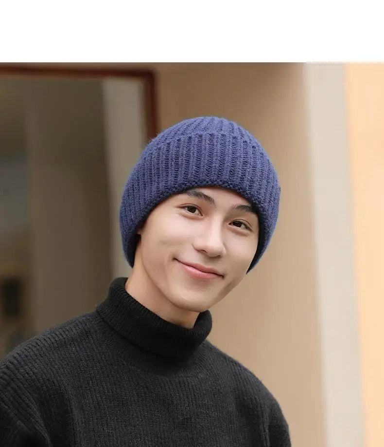 Winter Hats For Men Thickened Knitted Beanie Ear Protection Solid Color Cold Hat Keep Warm Baggy Cap Male Korean Elastic New