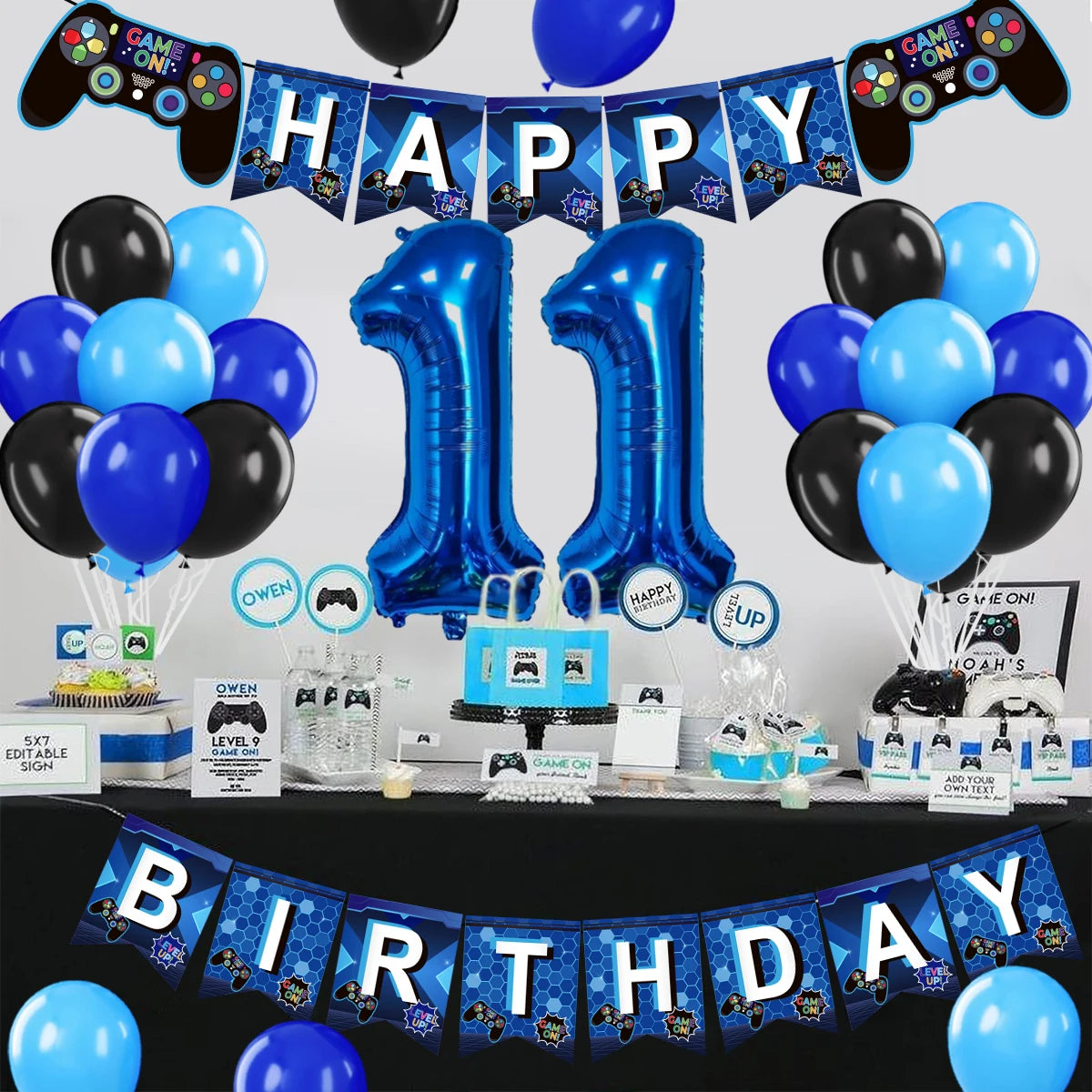 Gamepad Balloons Game On with Blue Digit Number Balloon Children's Birthday Party Decorations Game Theme Party Supplies