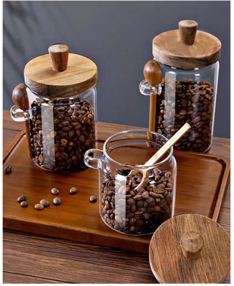 Kitchen Glass Jar Grains Coffee Beans Tealeaf Storage Containers with Wood Spoon Lid Clear Spice Jar Moisture-proof Storage Tank