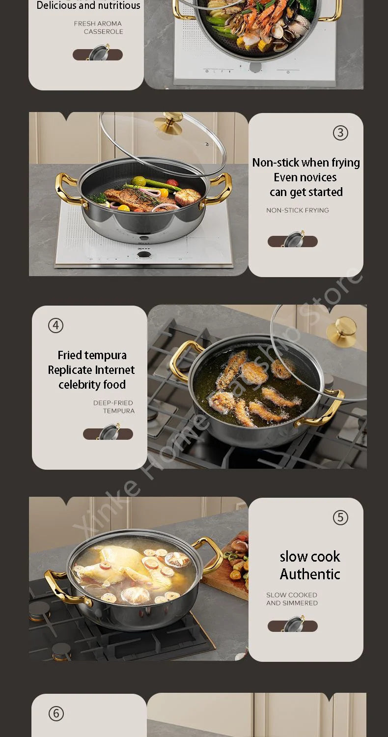 30cm Stainless Steel Frying Pan Honeycomb Non-stick Soup Pot wok with lid Home Induction Cooker Gas Stove Stew Kitchen Cookware