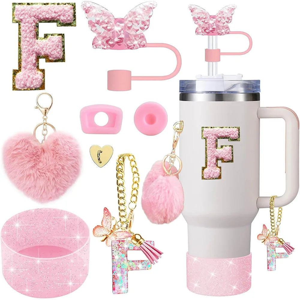 8pcs Cup Accessories for Stanley Cup 30oz 40oz Includes Butterfly Straw Cover Cap Silicone Boot Handle Charm Initials Sticker