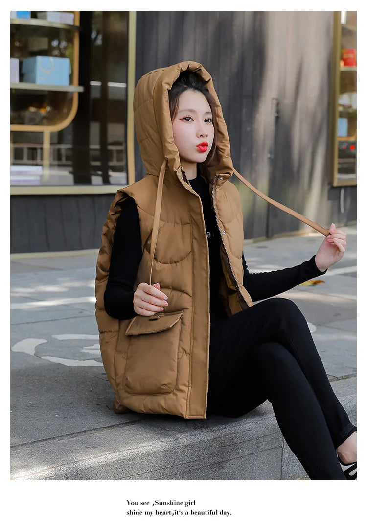 Women's Autumn Hooded Vest Coat 2025 New Short Down Cotton Padded Jacket Sleeveless Female Winter Waistcoat Warm Snow Wear Vests