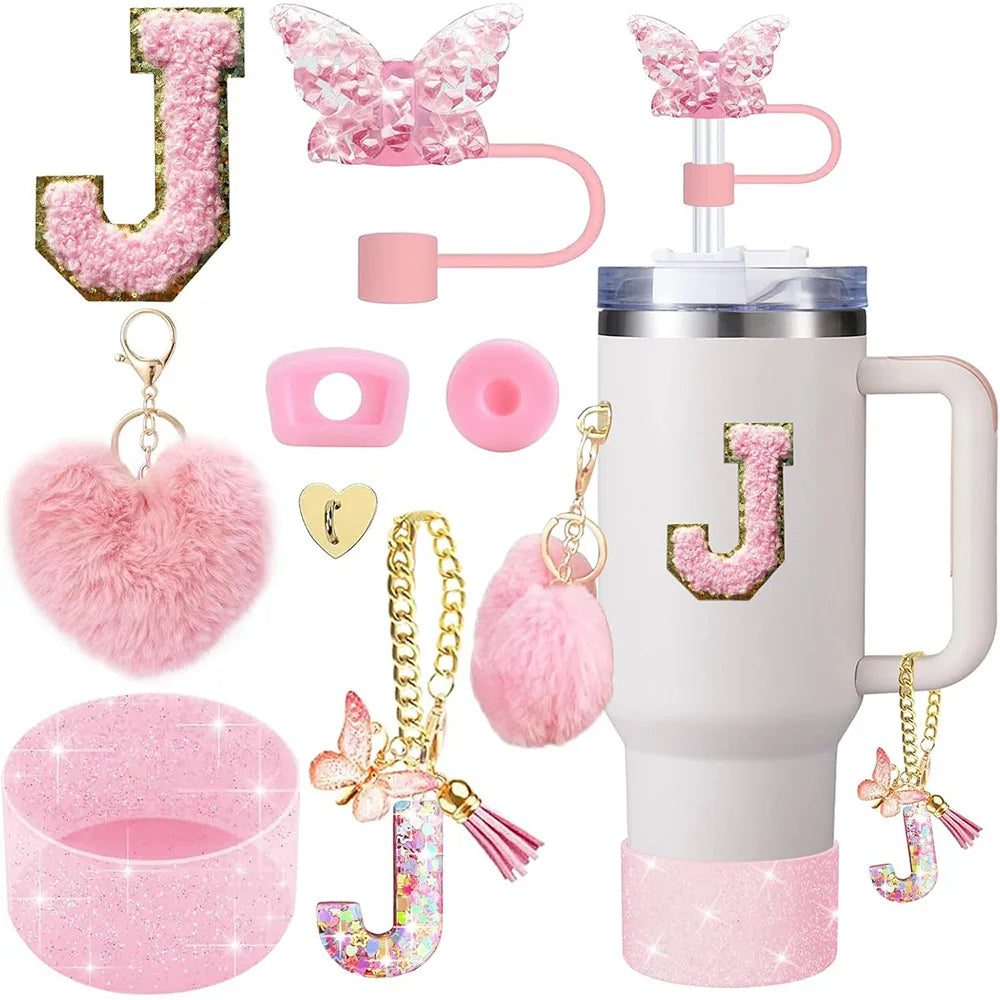 8pcs Cup Accessories for Stanley Cup 30oz 40oz Includes Butterfly Straw Cover Cap Silicone Boot Handle Charm Initials Sticker