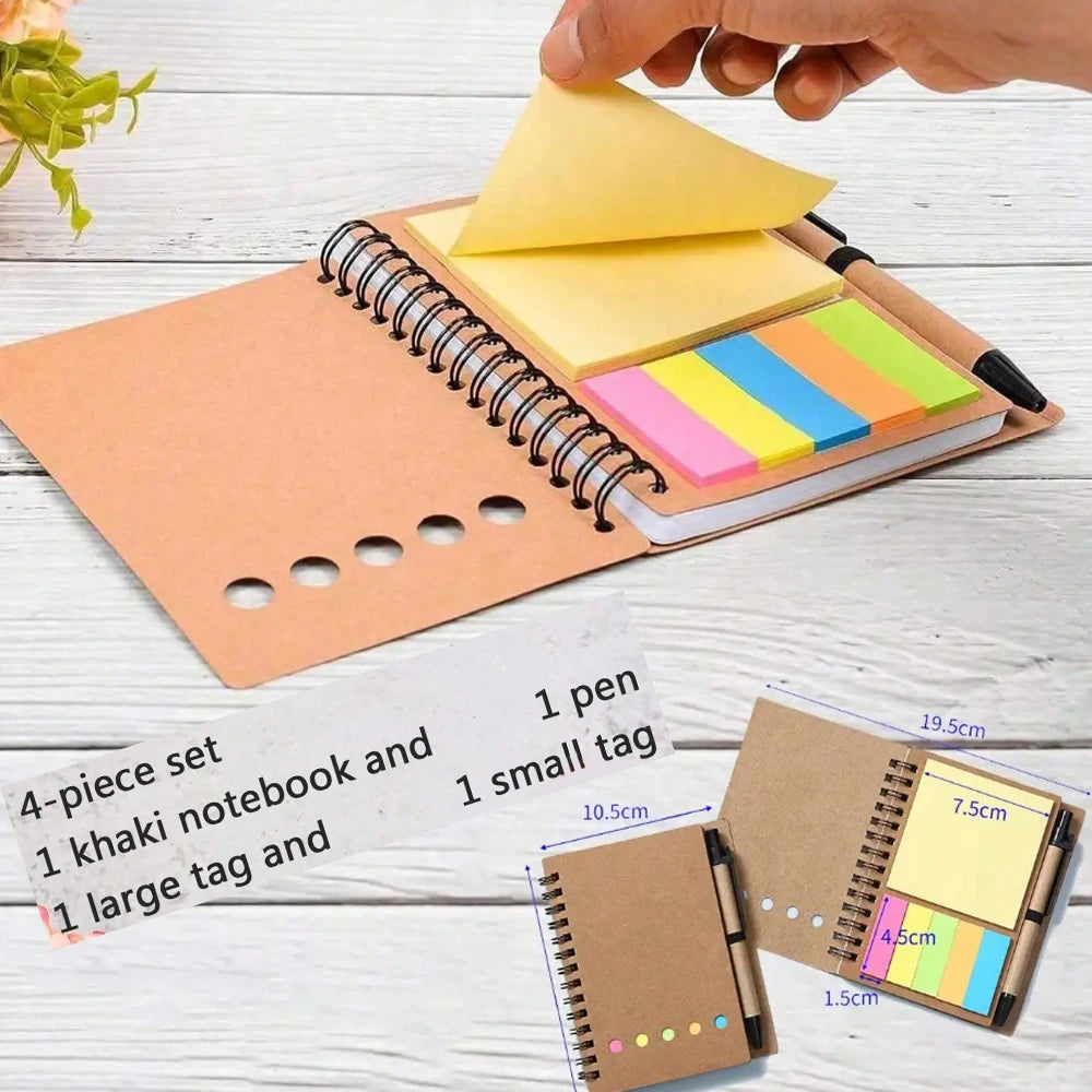 4pcs-set Spiral Notebook-Pocket Notepad with Pen Loop,Sticky Notes&Index Tabs,4.1x5.3"Brown Paper Cover,Portable Lined Journal