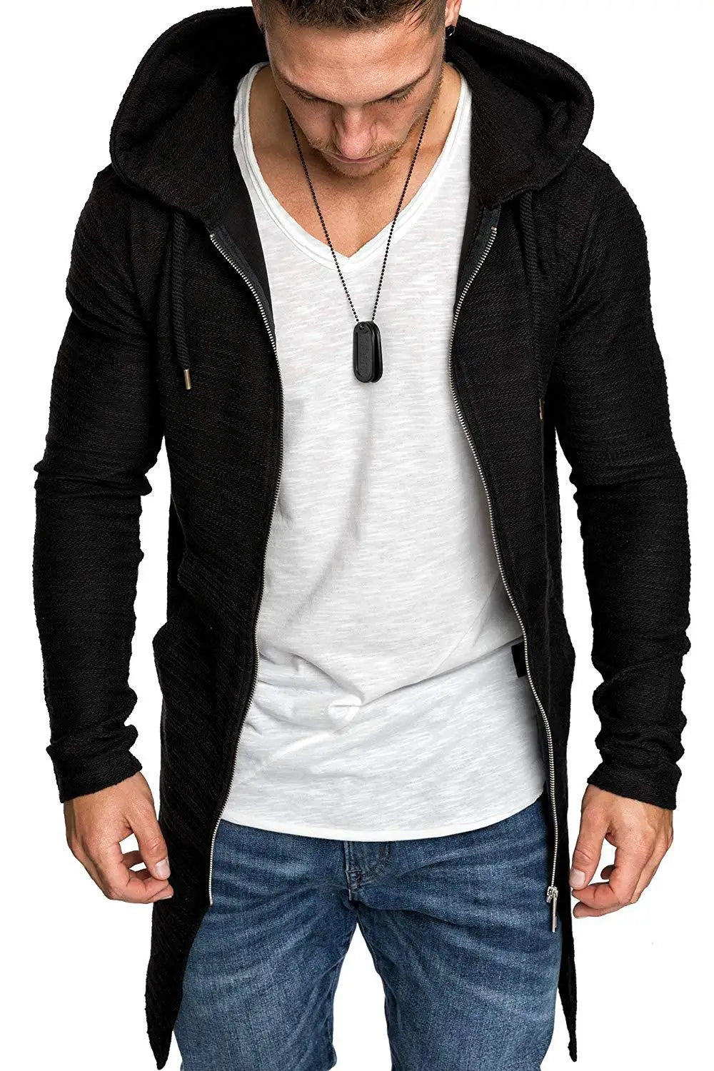 Men's Coat Solid Color Slim Casual Long Spring Cardigan Jacket Zipper Thin Long Sleeve Hooded Windbreaker Coat for Autumn Winter