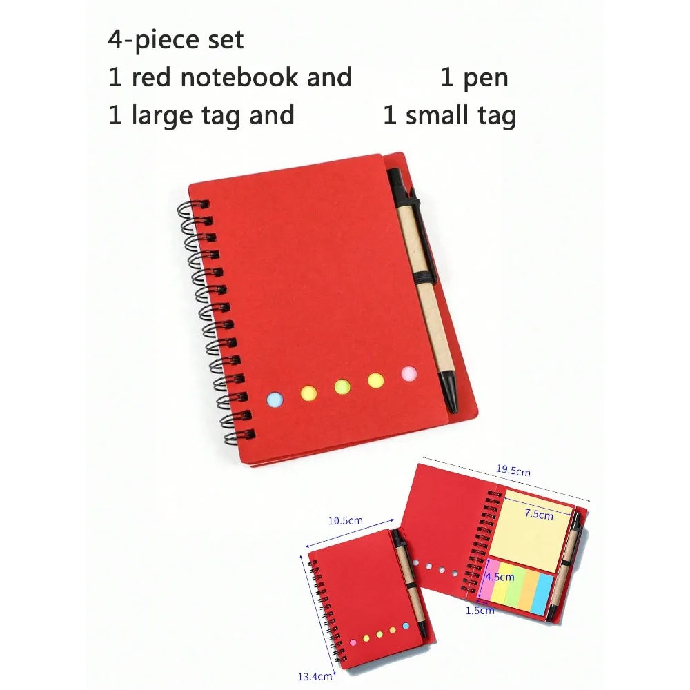 4pcs-set Spiral Notebook-Pocket Notepad with Pen Loop,Sticky Notes&Index Tabs,4.1x5.3"Brown Paper Cover,Portable Lined Journal