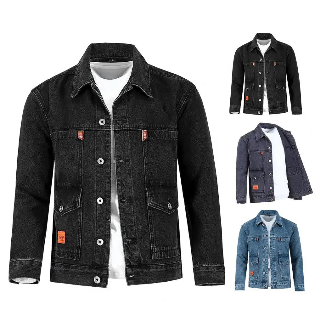Trendy Denim Jacket Turn-down Collar Men Coat Long Sleeves Mid Length Spring Denim Coat Thermal