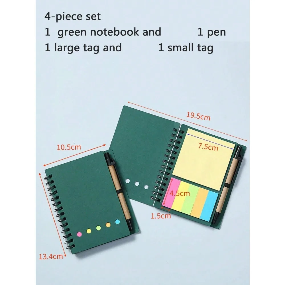 4pcs-set Spiral Notebook-Pocket Notepad with Pen Loop,Sticky Notes&Index Tabs,4.1x5.3"Brown Paper Cover,Portable Lined Journal