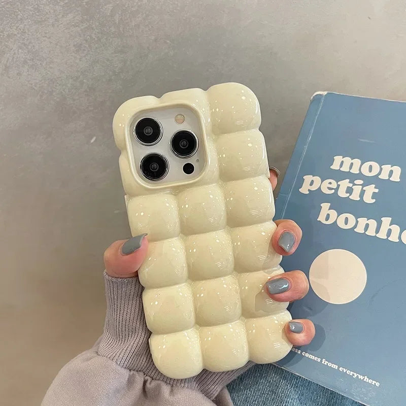 Cute Cartoon 3D Block Lattice Case for iPhone 15 14 13 16 Pro Max 12 11 Glossy Candy Solid Color Soft Silicone Shockproof Cover