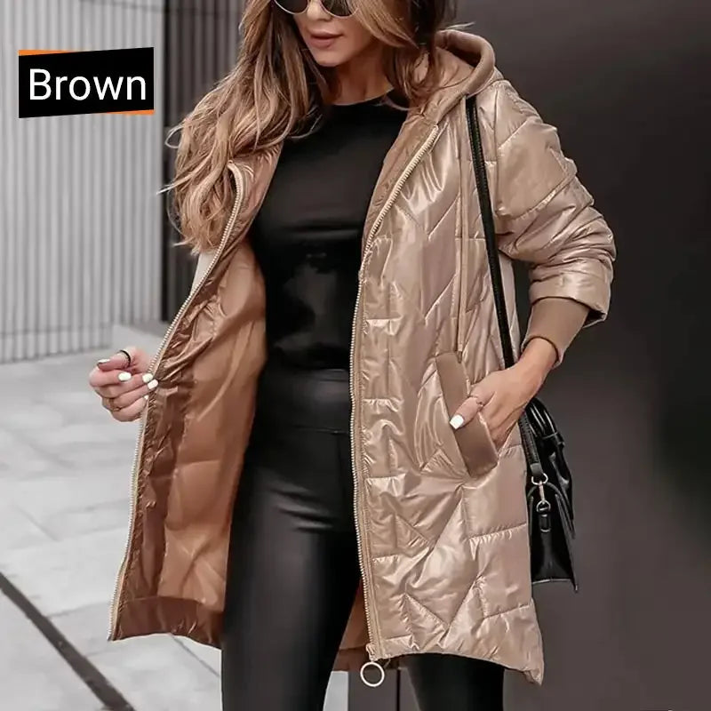 Hot Women's Warm Winter Coat Hooded Cotton Jacket Mid Long Winter Warm Coat with Pockets with High-Low Hem