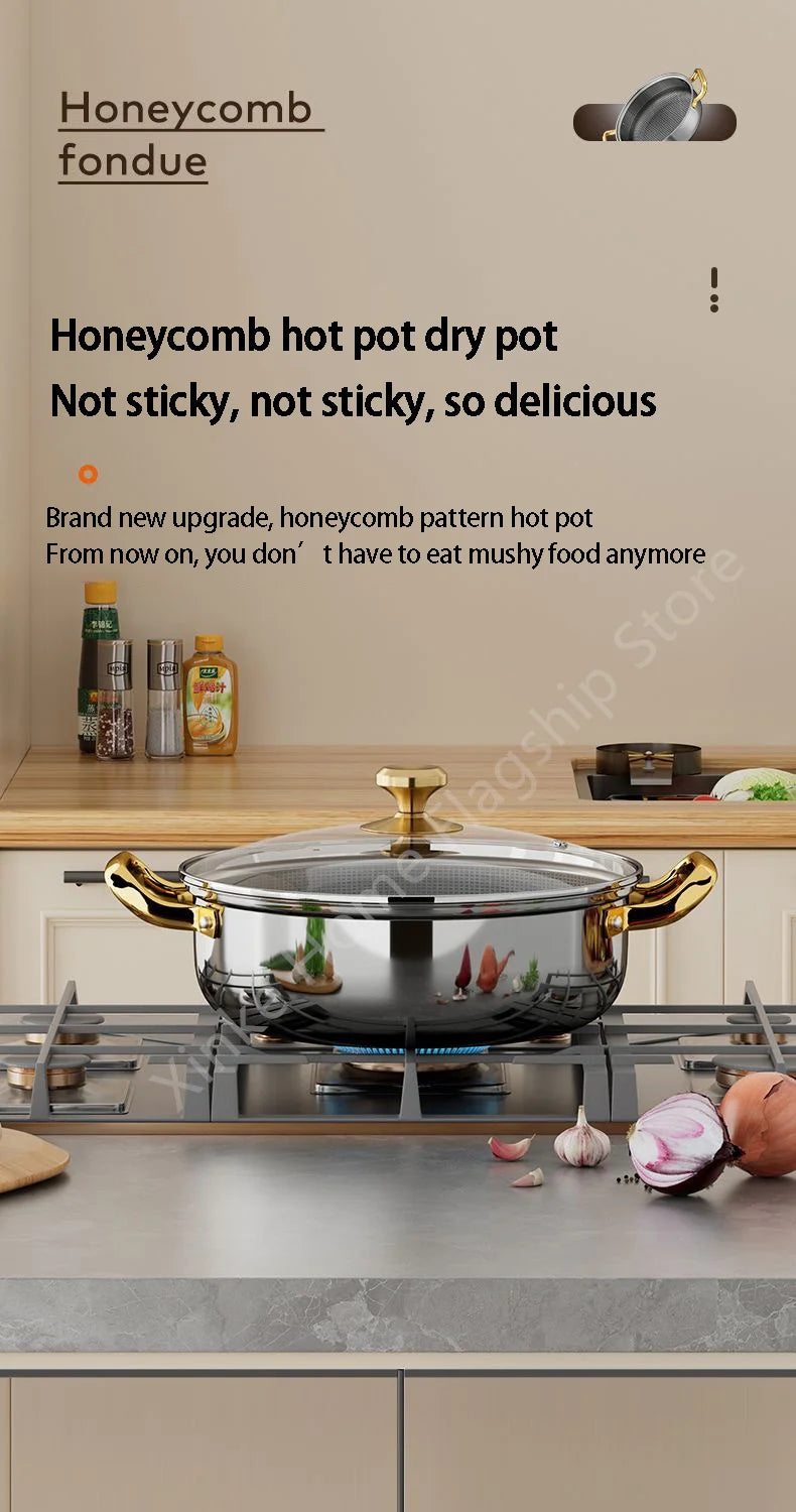 30cm Stainless Steel Frying Pan Honeycomb Non-stick Soup Pot wok with lid Home Induction Cooker Gas Stove Stew Kitchen Cookware