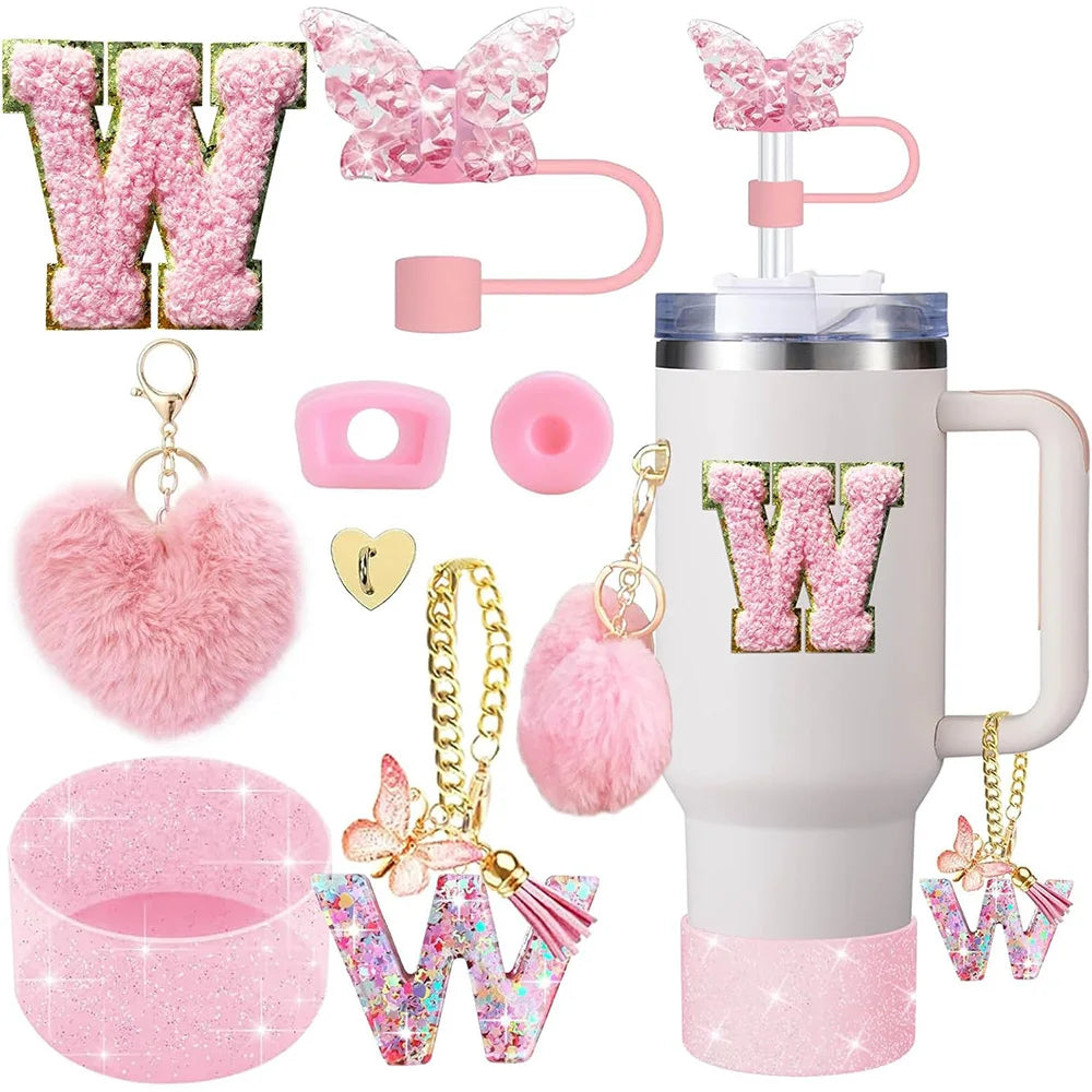 8pcs Cup Accessories for Stanley Cup 30oz 40oz Includes Butterfly Straw Cover Cap Silicone Boot Handle Charm Initials Sticker