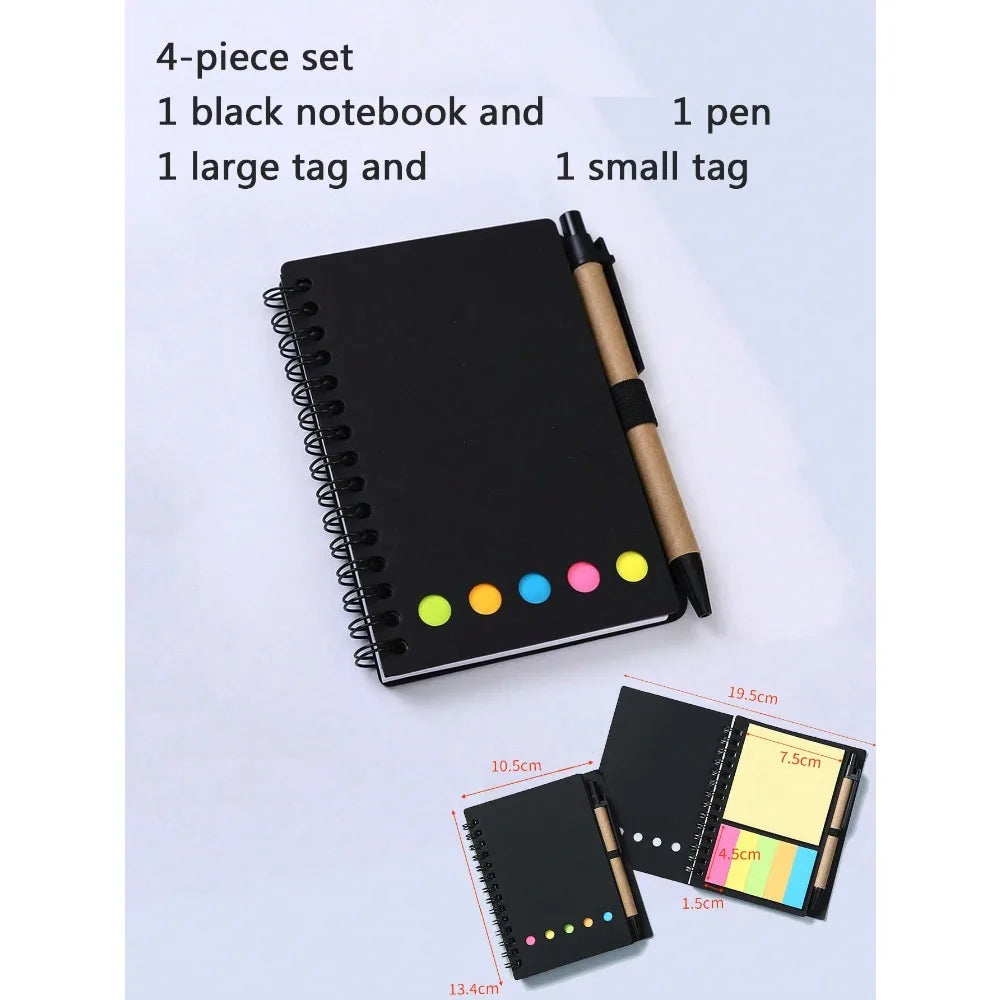 4pcs-set Spiral Notebook-Pocket Notepad with Pen Loop,Sticky Notes&Index Tabs,4.1x5.3"Brown Paper Cover,Portable Lined Journal
