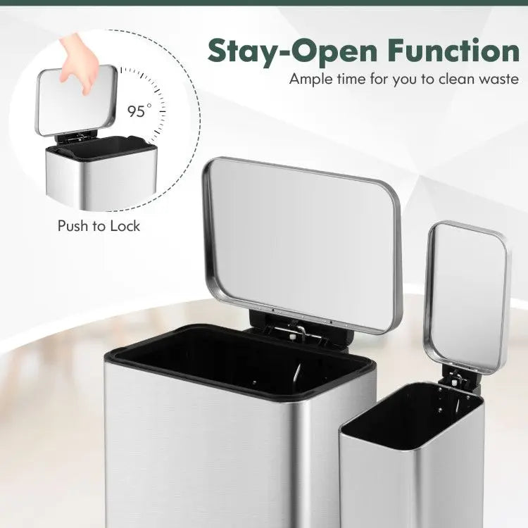 10.5 Gal and 1.6 Gal Step Trash Can Combo Set Detachable Inner Buckets for Convenient Kitchen Storage