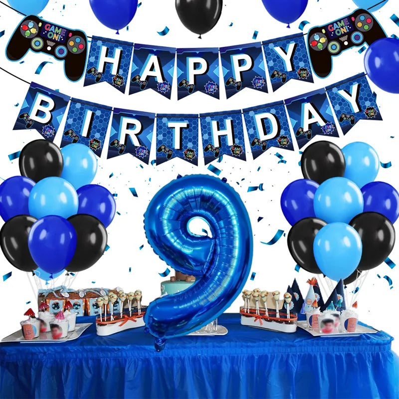 Gamepad Balloons Game On with Blue Digit Number Balloon Children's Birthday Party Decorations Game Theme Party Supplies