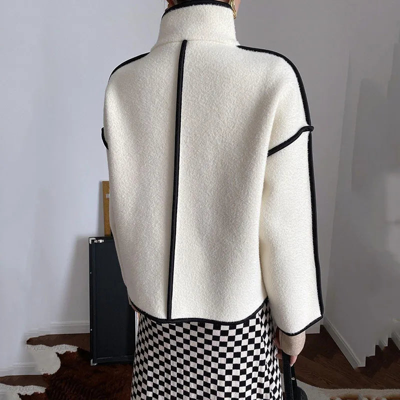 New Women's Double-Sided Woolen Coat Autumn Winter Loose Short Cardigan Outerwear Female Casual Stand-up Collar Jacket Top 3XL
