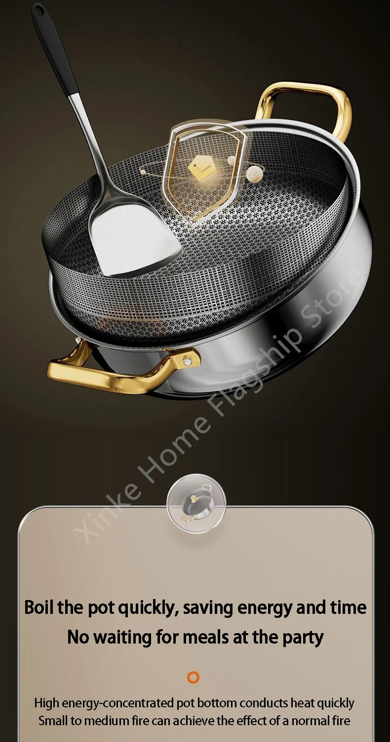 30cm Stainless Steel Frying Pan Honeycomb Non-stick Soup Pot wok with lid Home Induction Cooker Gas Stove Stew Kitchen Cookware