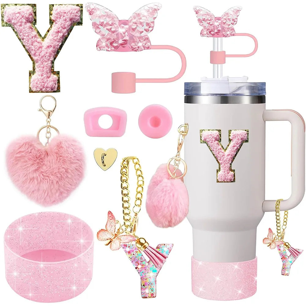 8pcs Cup Accessories for Stanley Cup 30oz 40oz Includes Butterfly Straw Cover Cap Silicone Boot Handle Charm Initials Sticker
