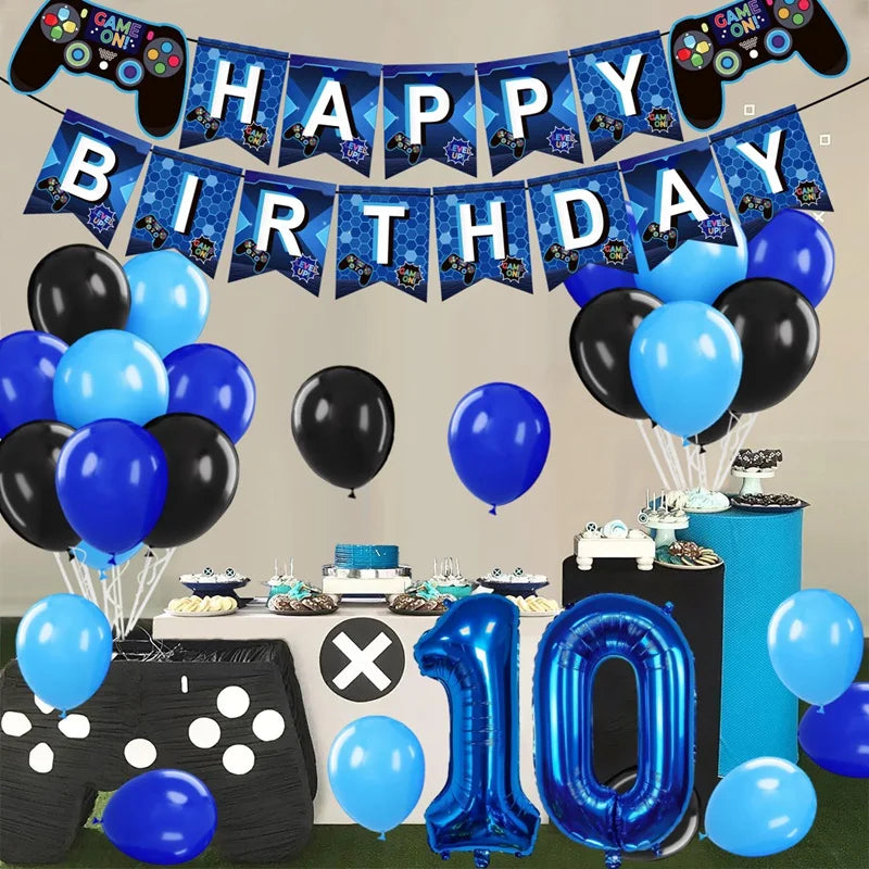 Gamepad Balloons Game On with Blue Digit Number Balloon Children's Birthday Party Decorations Game Theme Party Supplies
