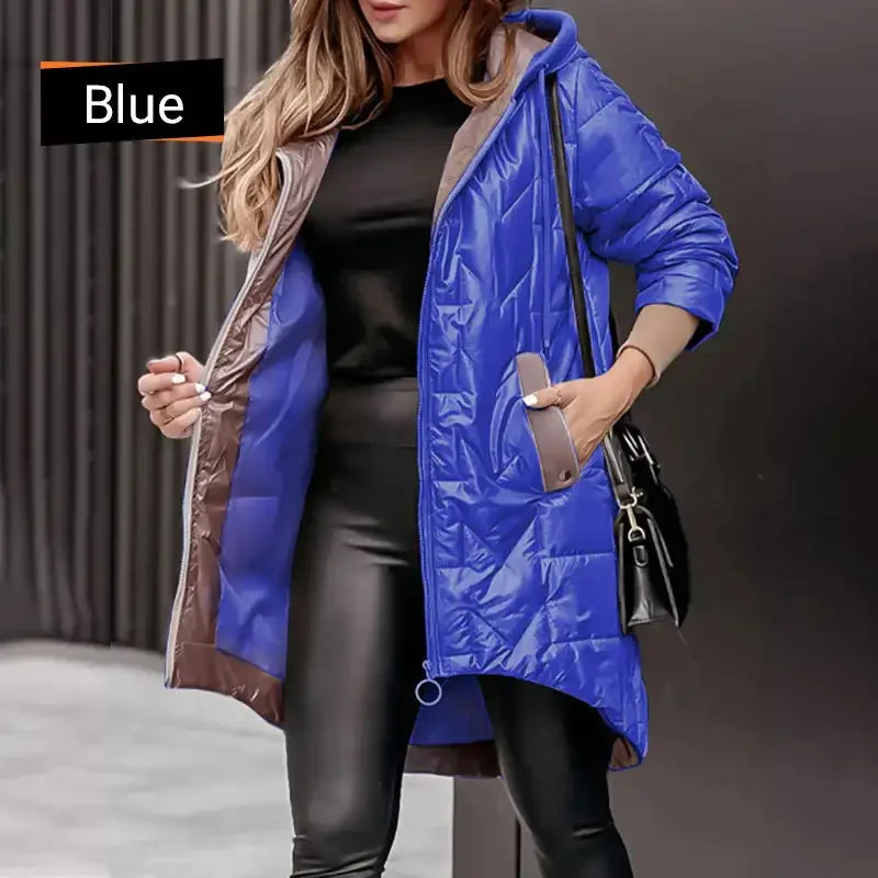 Hot Women's Warm Winter Coat Hooded Cotton Jacket Mid Long Winter Warm Coat with Pockets with High-Low Hem