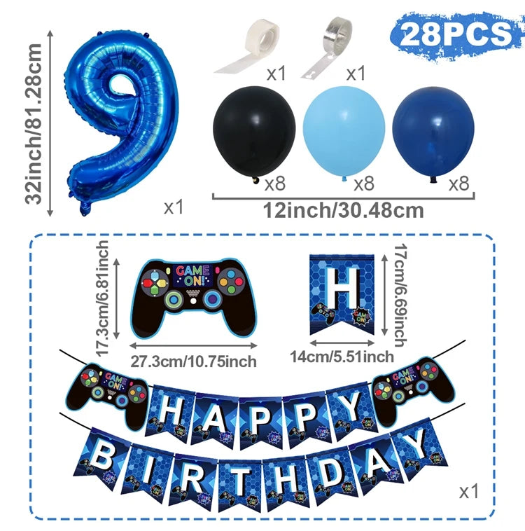 Gamepad Balloons Game On with Blue Digit Number Balloon Children's Birthday Party Decorations Game Theme Party Supplies
