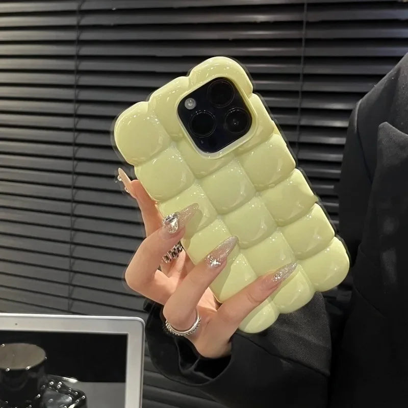 Cute Cartoon 3D Block Lattice Case for iPhone 15 14 13 16 Pro Max 12 11 Glossy Candy Solid Color Soft Silicone Shockproof Cover