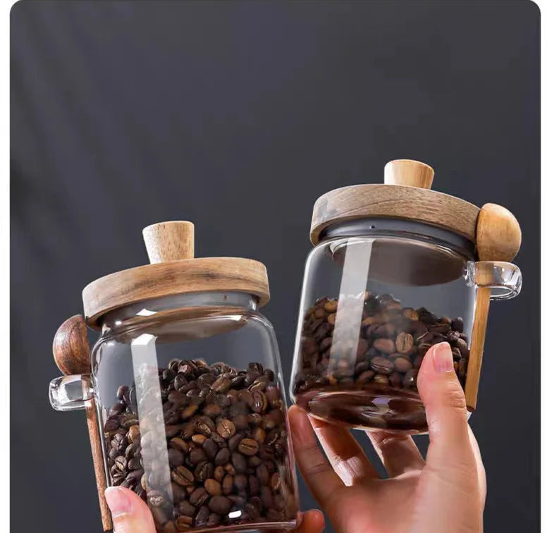 Kitchen Glass Jar Grains Coffee Beans Tealeaf Storage Containers with Wood Spoon Lid Clear Spice Jar Moisture-proof Storage Tank