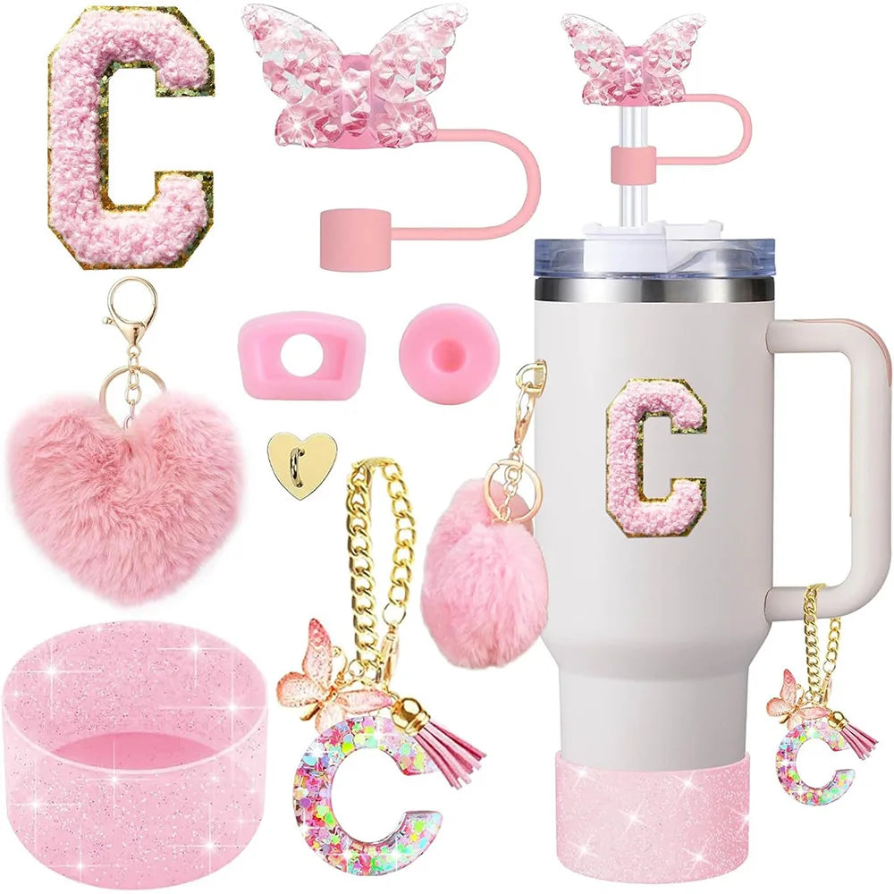8pcs Cup Accessories for Stanley Cup 30oz 40oz Includes Butterfly Straw Cover Cap Silicone Boot Handle Charm Initials Sticker