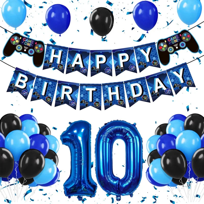 Gamepad Balloons Game On with Blue Digit Number Balloon Children's Birthday Party Decorations Game Theme Party Supplies