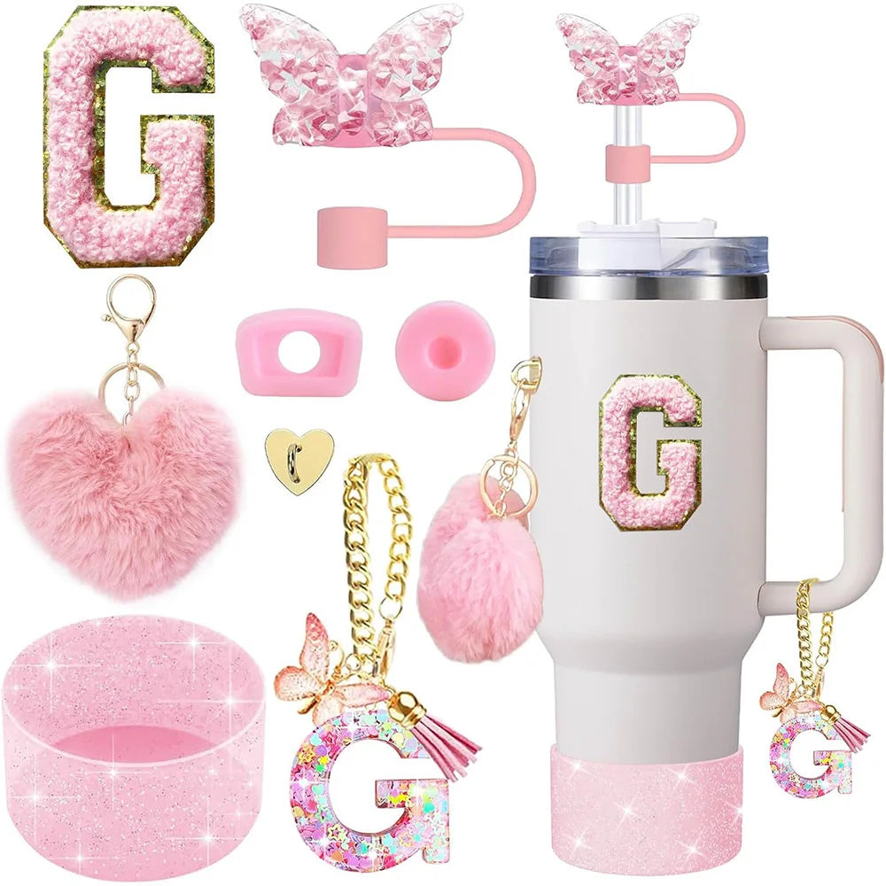 8pcs Cup Accessories for Stanley Cup 30oz 40oz Includes Butterfly Straw Cover Cap Silicone Boot Handle Charm Initials Sticker