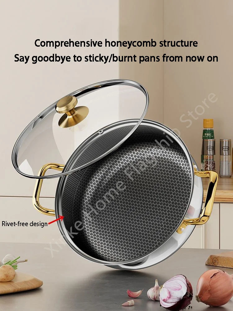 30cm Stainless Steel Frying Pan Honeycomb Non-stick Soup Pot wok with lid Home Induction Cooker Gas Stove Stew Kitchen Cookware