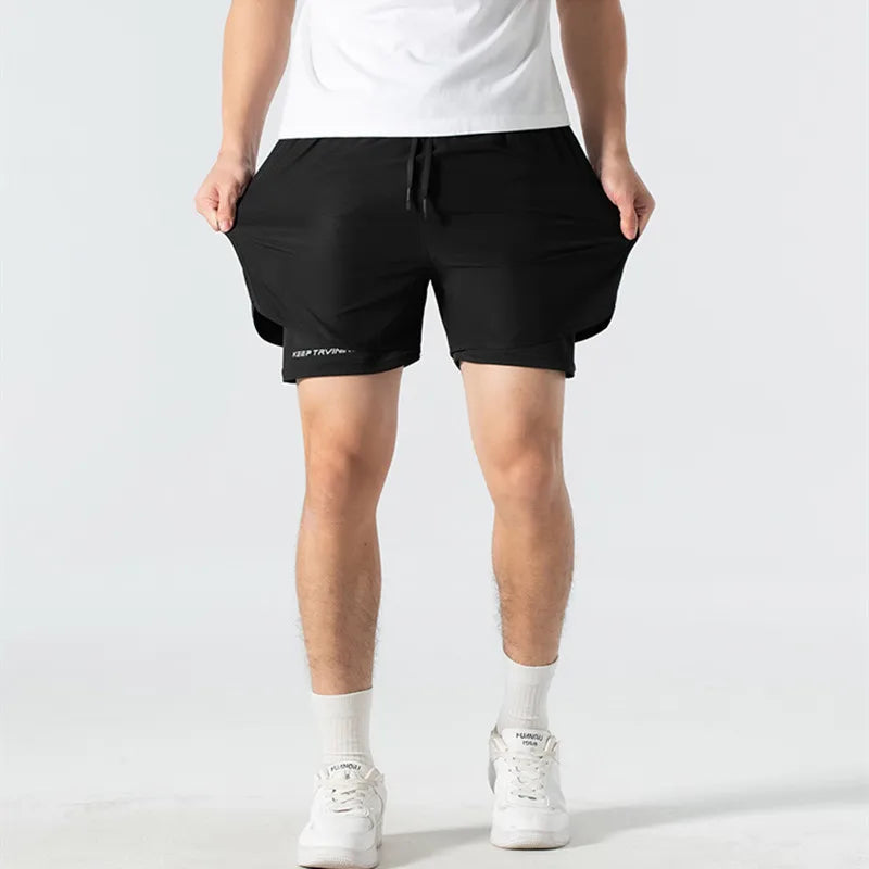 UETEEY Men's Shorts 2 in 1 Sports Fitness Gym Running Workout Shorts Hidden Pocket Quick Drying Cycling Jogging Men Short Pants