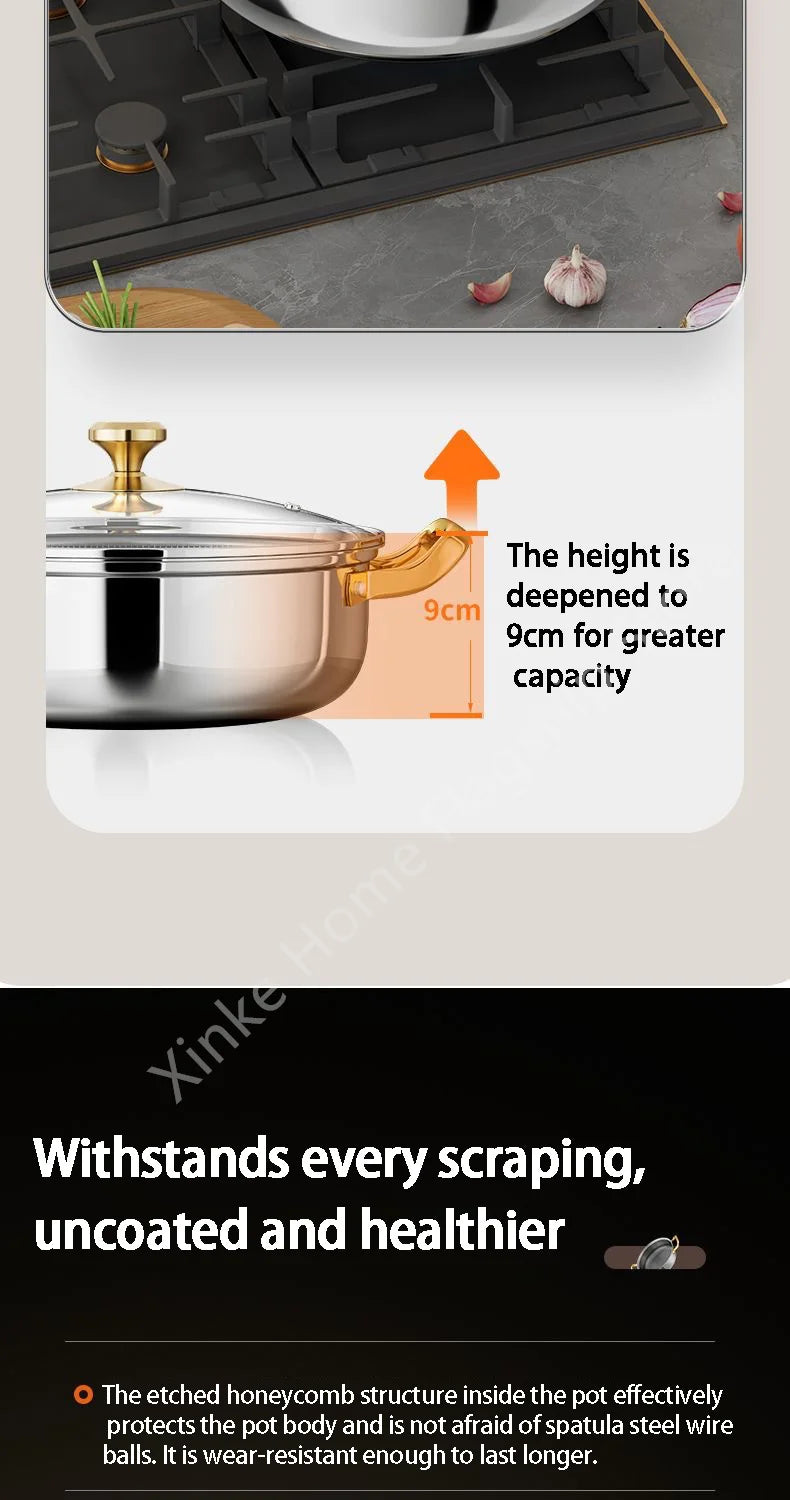 30cm Stainless Steel Frying Pan Honeycomb Non-stick Soup Pot wok with lid Home Induction Cooker Gas Stove Stew Kitchen Cookware