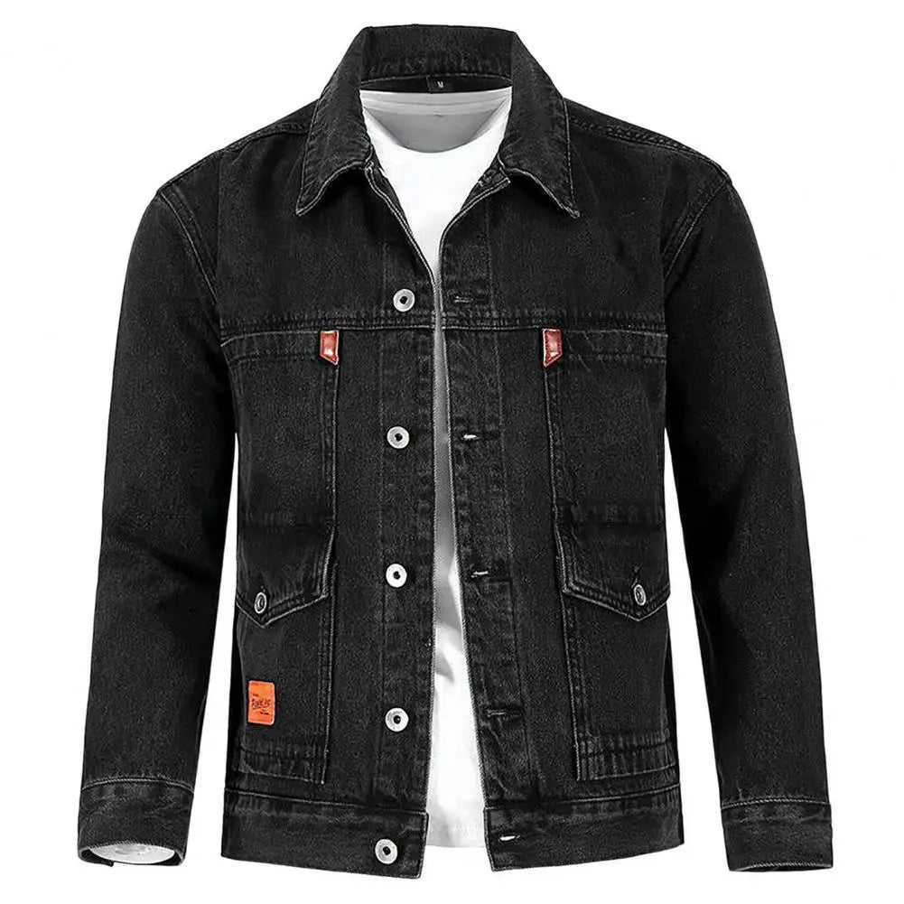 Trendy Denim Jacket Turn-down Collar Men Coat Long Sleeves Mid Length Spring Denim Coat Thermal