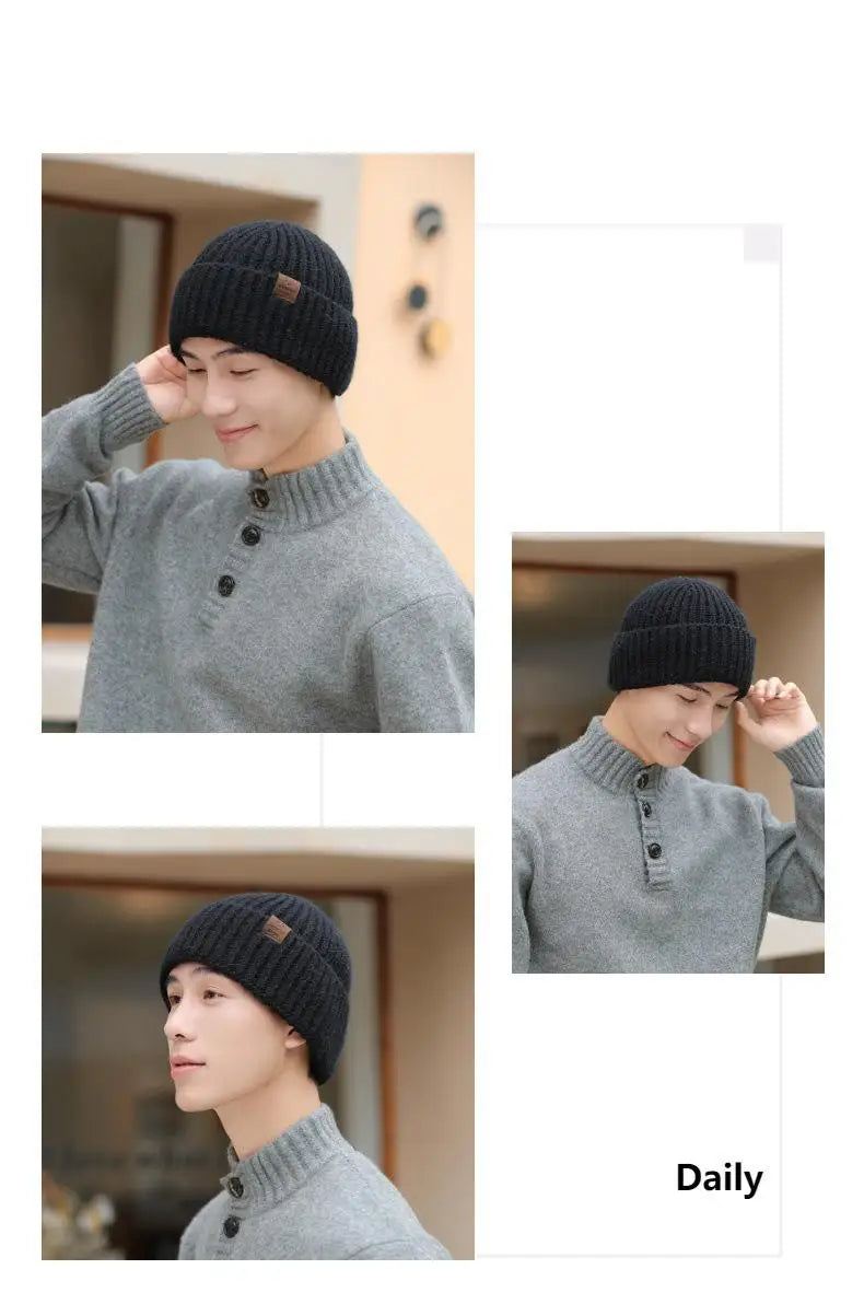 Winter Hats For Men Thickened Knitted Beanie Ear Protection Solid Color Cold Hat Keep Warm Baggy Cap Male Korean Elastic New
