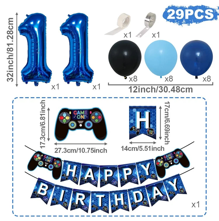 Gamepad Balloons Game On with Blue Digit Number Balloon Children's Birthday Party Decorations Game Theme Party Supplies
