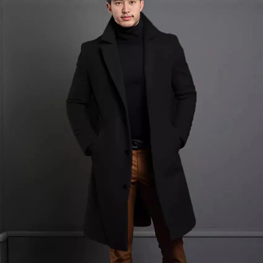 2025 New Woolen Coat for Men Mid to Long Solid Color High-end Minimalist Autumn and Winter Woolen Coat Warm Youth Coat