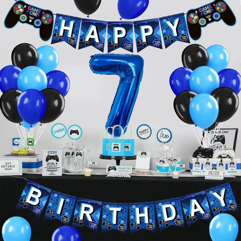 Gamepad Balloons Game On with Blue Digit Number Balloon Children's Birthday Party Decorations Game Theme Party Supplies