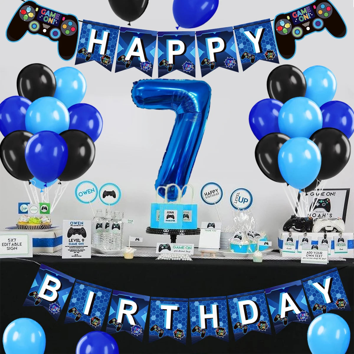 Gamepad Balloons Game On with Blue Digit Number Balloon Children's Birthday Party Decorations Game Theme Party Supplies