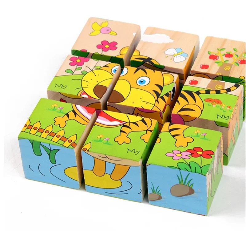 Early Learning Educational Toys Baby Wooden Blocks Toys Animal Fruit Traffic Cognize Children Six Side Cube Jigsaw Puzzles Game