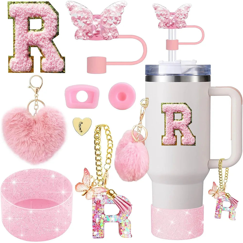8pcs Cup Accessories for Stanley Cup 30oz 40oz Includes Butterfly Straw Cover Cap Silicone Boot Handle Charm Initials Sticker