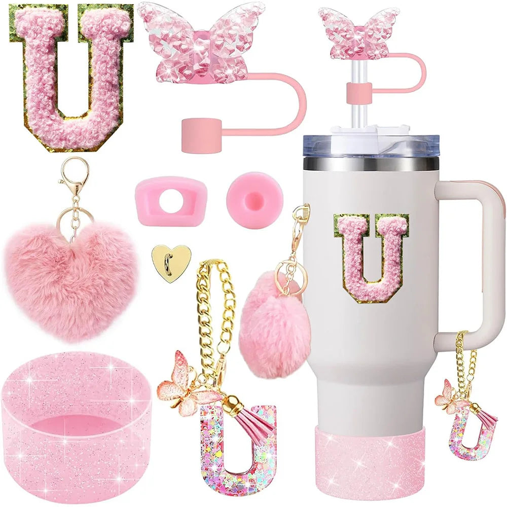 8pcs Cup Accessories for Stanley Cup 30oz 40oz Includes Butterfly Straw Cover Cap Silicone Boot Handle Charm Initials Sticker