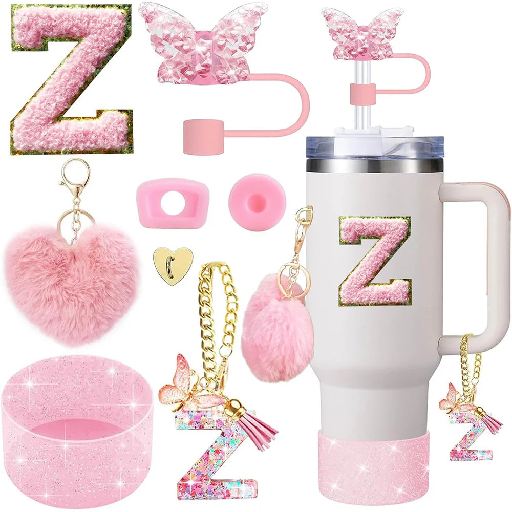 8pcs Cup Accessories for Stanley Cup 30oz 40oz Includes Butterfly Straw Cover Cap Silicone Boot Handle Charm Initials Sticker
