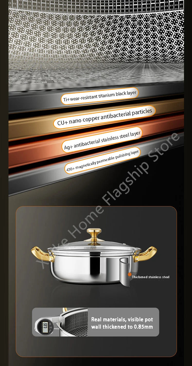 30cm Stainless Steel Frying Pan Honeycomb Non-stick Soup Pot wok with lid Home Induction Cooker Gas Stove Stew Kitchen Cookware