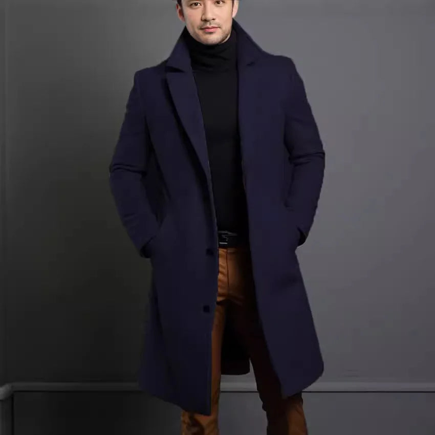 2025 New Woolen Coat for Men Mid to Long Solid Color High-end Minimalist Autumn and Winter Woolen Coat Warm Youth Coat