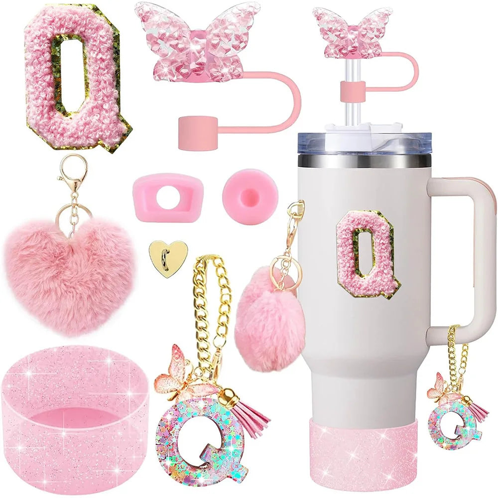 8pcs Cup Accessories for Stanley Cup 30oz 40oz Includes Butterfly Straw Cover Cap Silicone Boot Handle Charm Initials Sticker