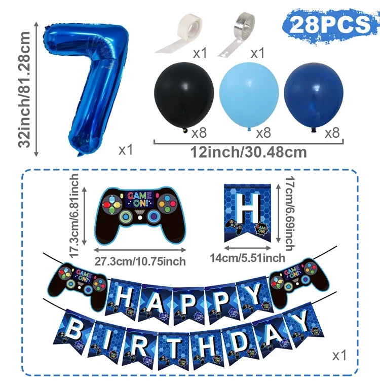 Gamepad Balloons Game On with Blue Digit Number Balloon Children's Birthday Party Decorations Game Theme Party Supplies
